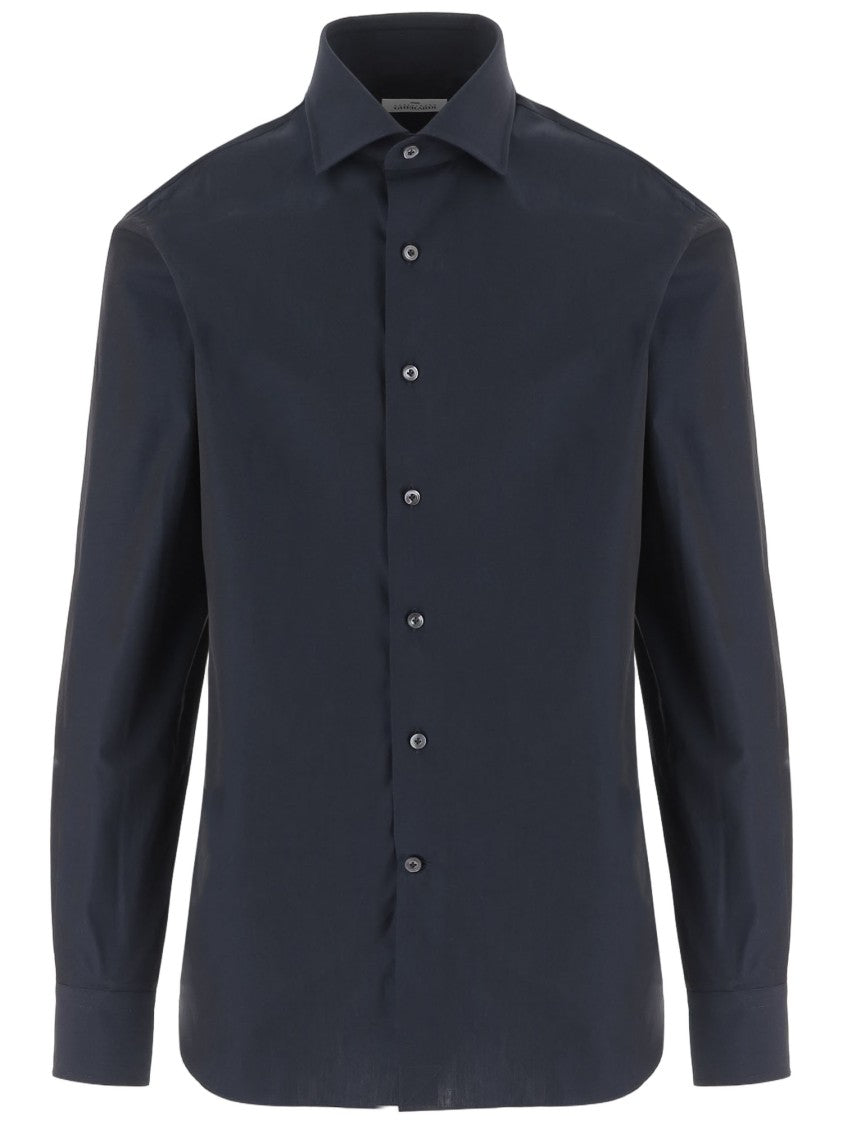 Gherardi Dark Navy Cotton Blend Shirt With Classic Collar