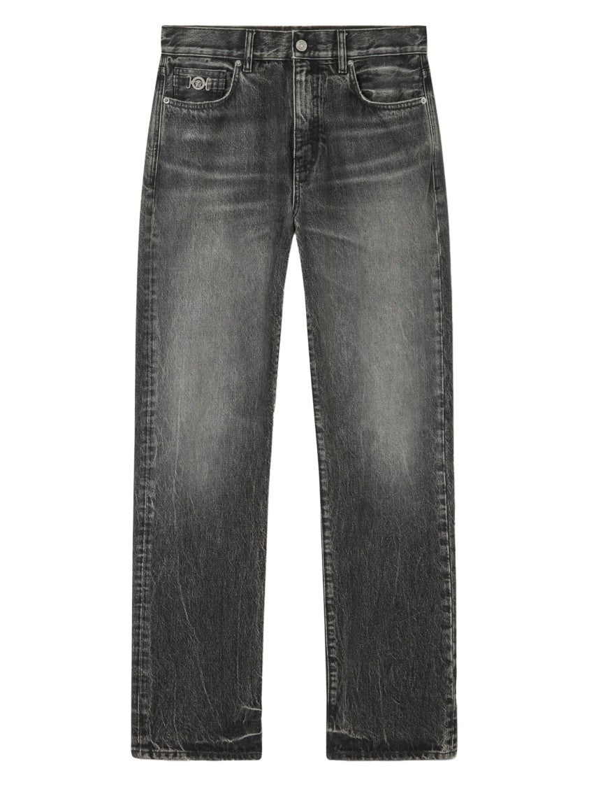Versace Black Straight-Leg Faded Distressed Denim Jeans