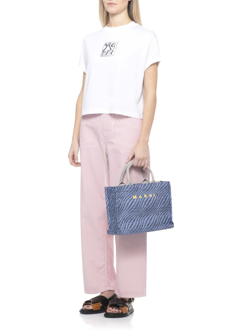 Marni Textured Blue Shopping Bag With Contrasting Embroidered Logo