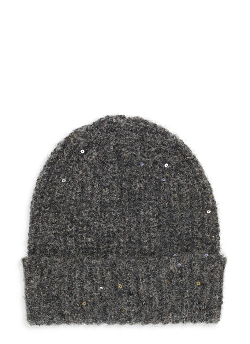 Panicale Dark Grey Wool-Blend Folded Cuff Paillettes Beanie Hat