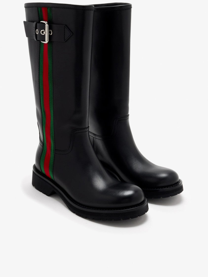 Gucci Kate Buckled Striped Leather Mid-Calf Boots