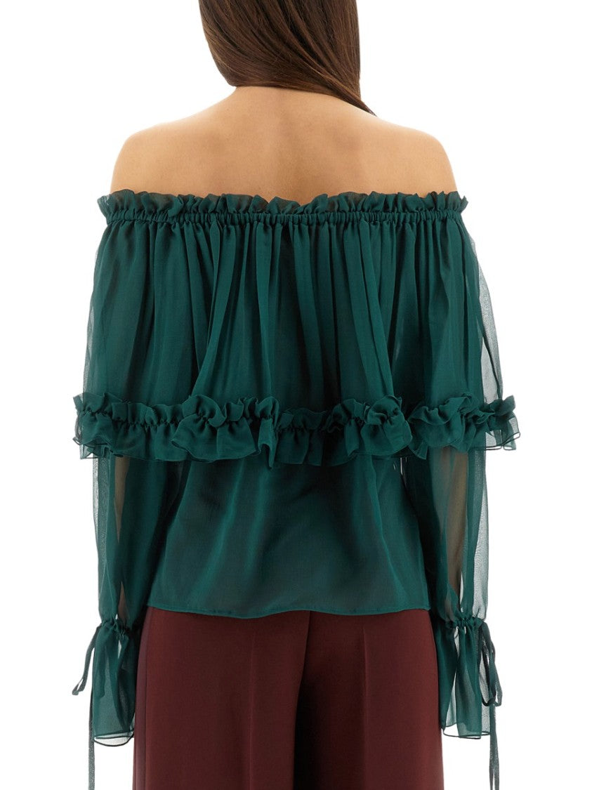 Saint Laurent Sheer Ruffled Off-Shoulder Blouse In Silk