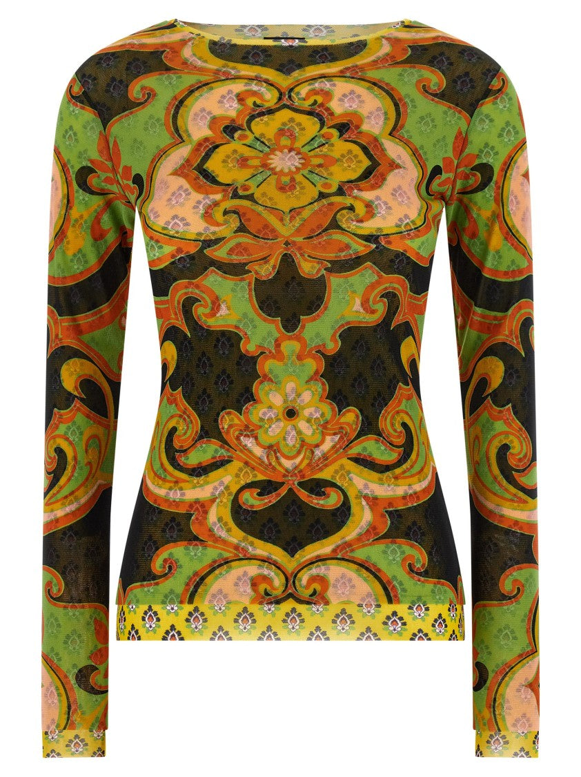 Etro Patterned Stretch Mesh Sweater With Asymmetrical Hem And Double-Layer Detail