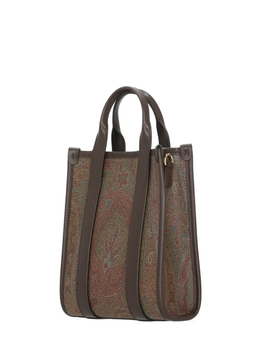 Etro Brown Paisley Print Leather-Trim Top-Handle Bag