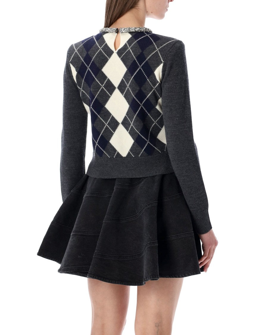 Self-Portrait Grey Argyle Crystal Jumper