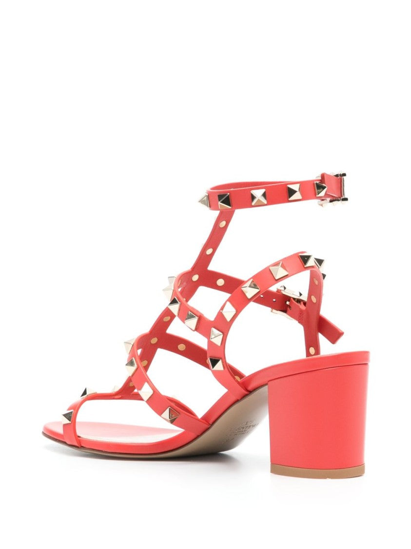 Valentino Garavani Red Leather Rockstud Sandal With Pyramid Studs And Block Heel
