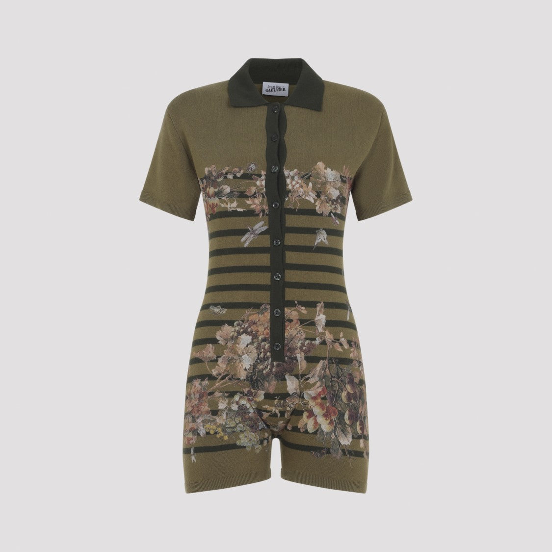 Jean Paul Gaultier Mariniere Stripes Khaki Green Cotton Jumpsuit