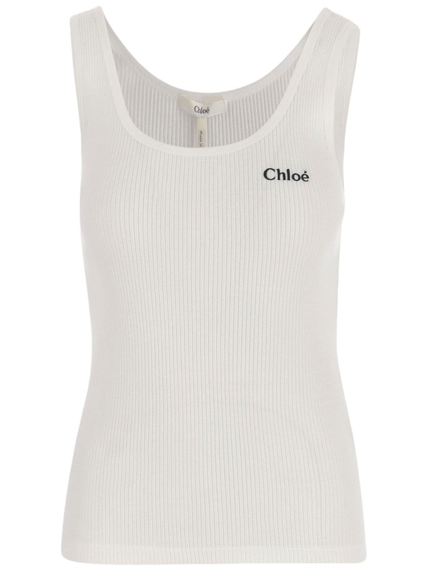 Chloé White Embroidered Logo Ribbed Cotton Tank Top