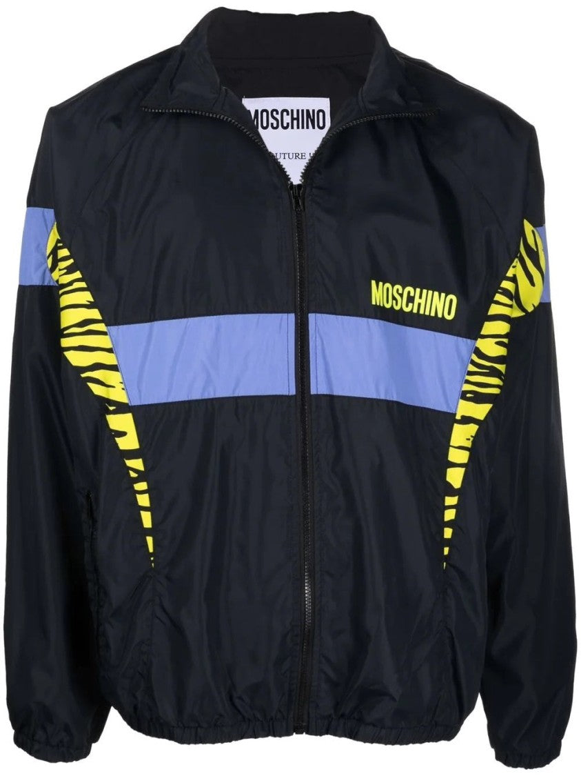 Moschino Long Black Jacket With Bold Stripes And Tiger Accents