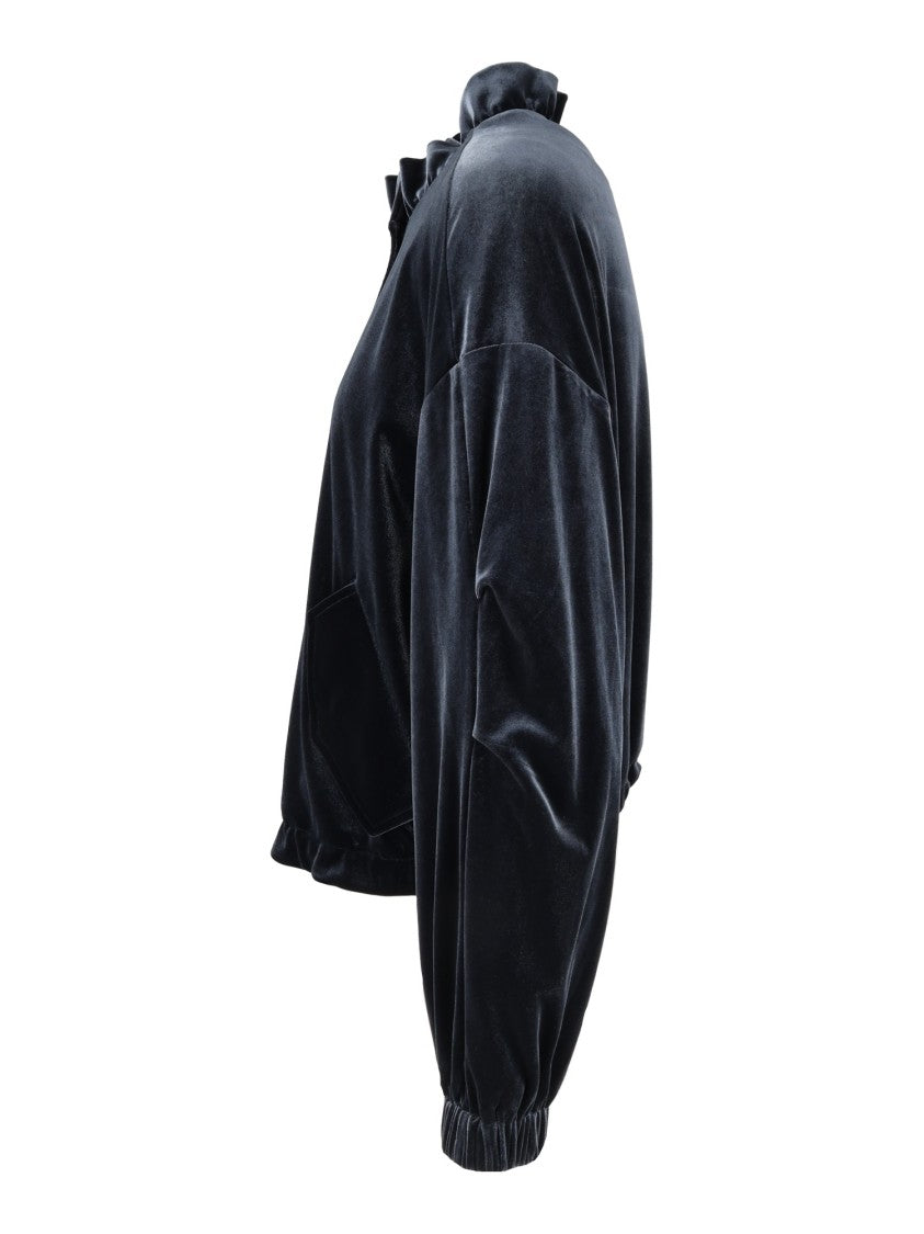 Emporio Armani Navy Blue Ruffled Collar Velvet Cropped Blouson Jacket