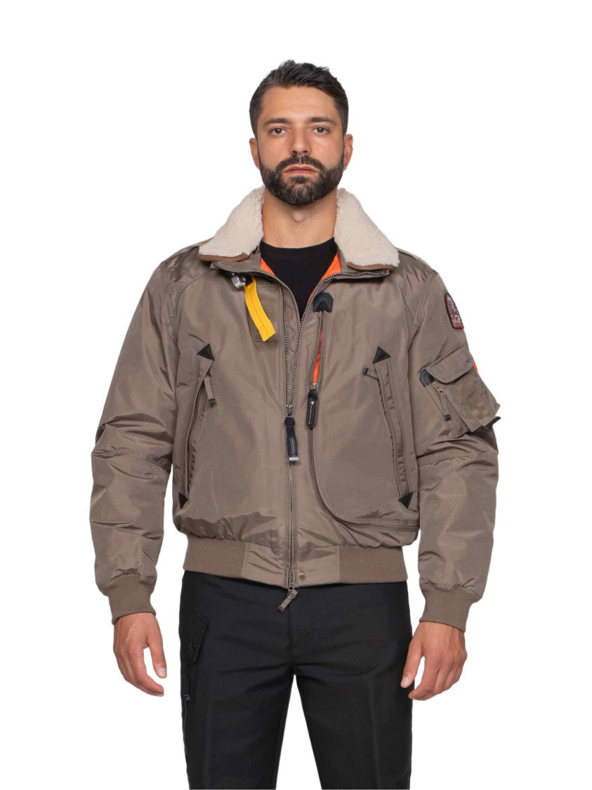 Pjs Parajumpers Slate Mud Bomber Jacket With Shearling Collar And Distinctive Accents
