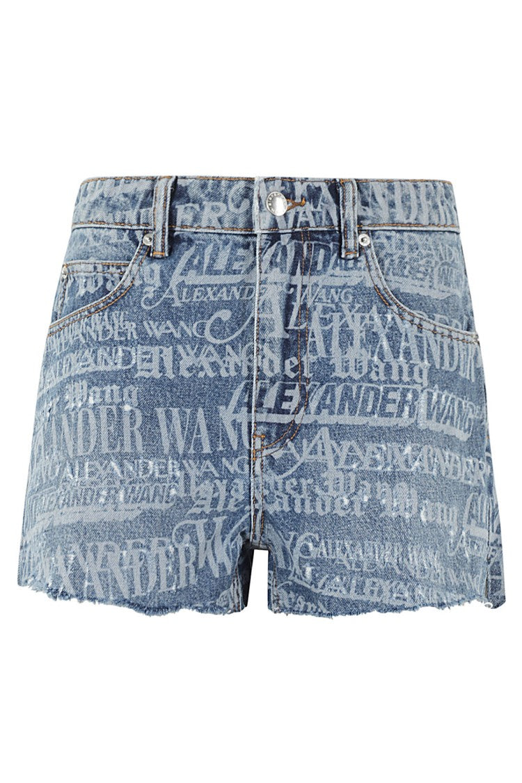 Alexander Wang Indigo Shredded Newsprint Logo Denim Shorts