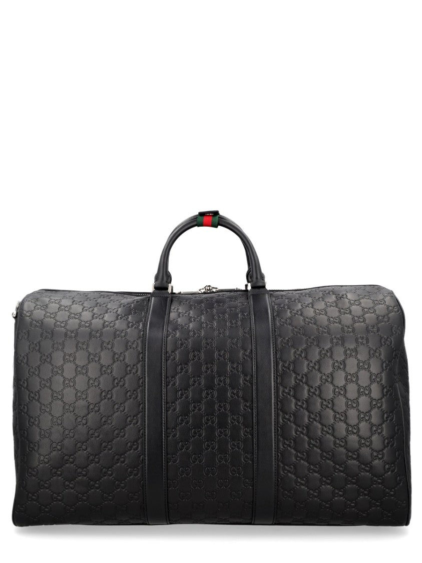 Gucci Structured Black Calf Leather Travel Bag With Iconic Emblem