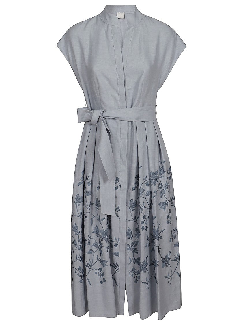 Eleventy Mid-Length Linen Dress With Mandarin Collar And Pleated Skirt