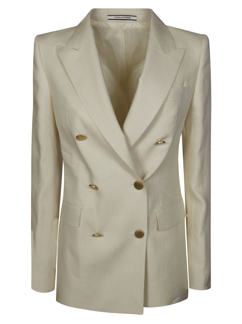 Tagliatore Double-Breasted Linen Blazer With Gold Buttons