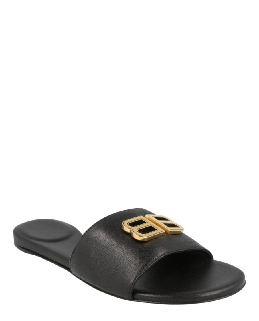 Balenciaga Slide-On Black Sandals With Gold-Tone Double Bb Logo