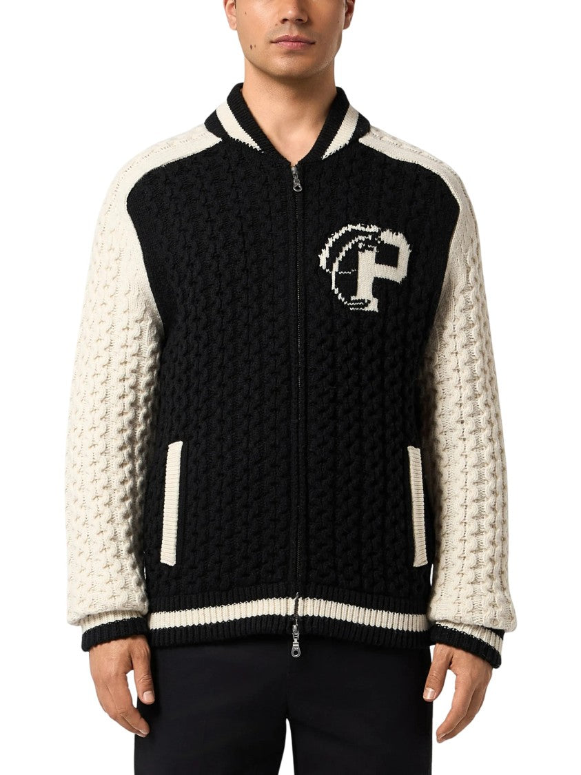 Philipp Plein Wool Blend Knitted Bomber Cable-Knit Wool-Blend Jacket