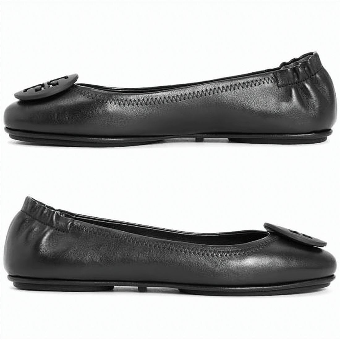 Tory Burch Black Leather Ballet Flats With Circular Logo Emblem