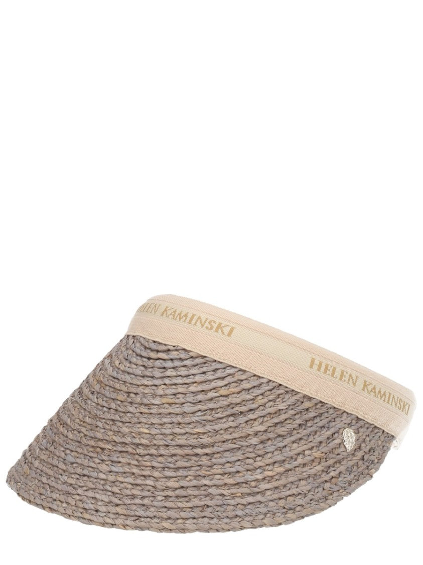Helen Kaminski Woven Raffia Visor With Textured Brim And Beige Fabric Band