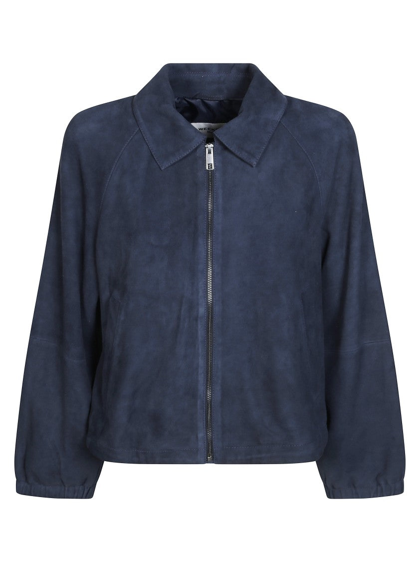 Max Mara Navy Blue Wkdzuppa Cropped Suede Jacket