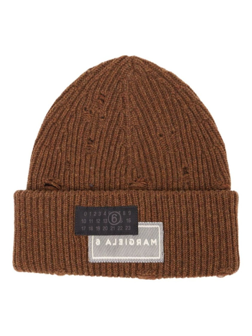 Mm6 By Maison Margiela Ribbed Knit Beanie With Distressed Details