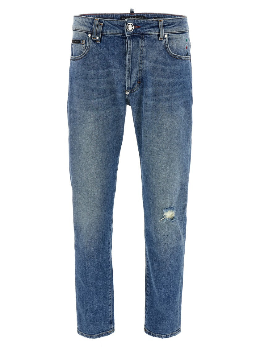 Philipp Plein Used-Effect Stonewashed Denim Jeans