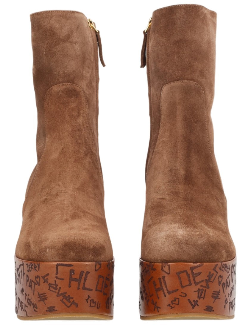 Chloé Brown Mid-Calf Suede Graffiti Platform Boots
