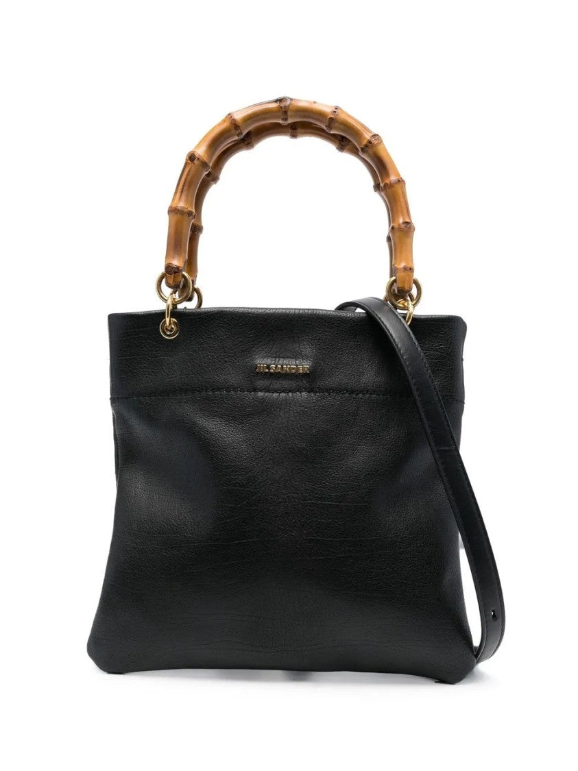 Jil Sander Structured Black Tote Bag With Bamboo-Style Handles And Gold Accents