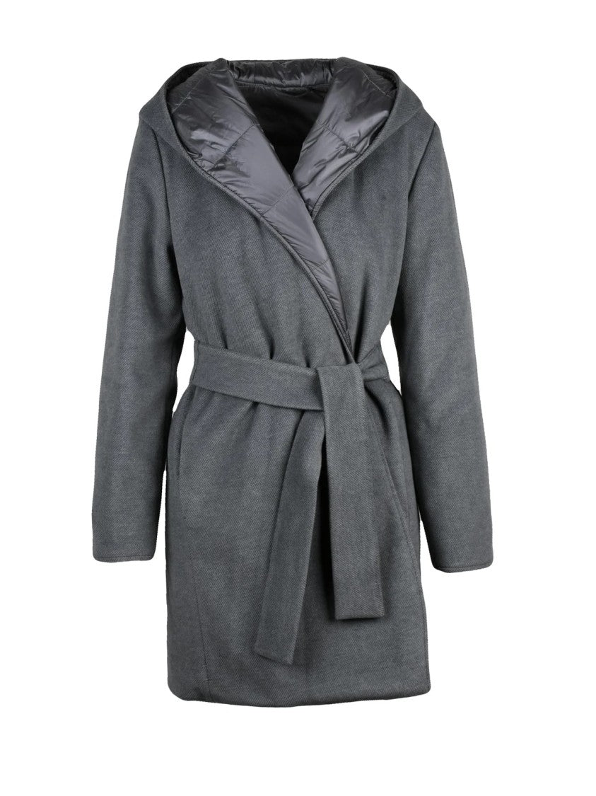 Emme By Marella Grey Polyester-Blend Belted Reversible Padded Coat