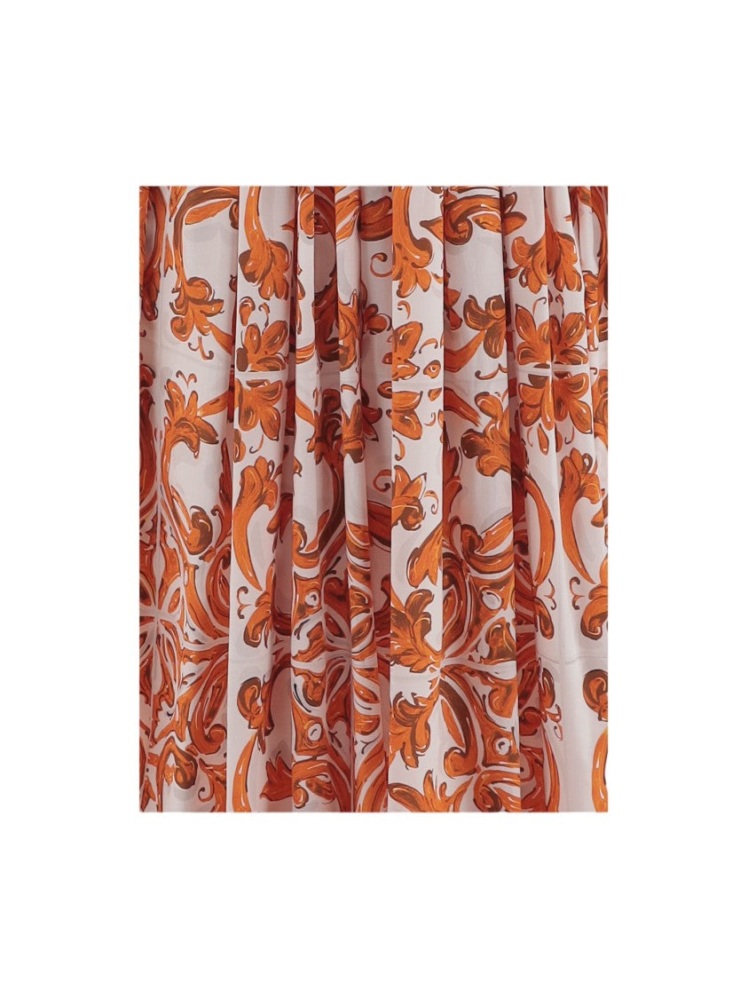 Dolce & Gabbana Long Cotton Poplin Dress With Majolica Print And Smocked Back