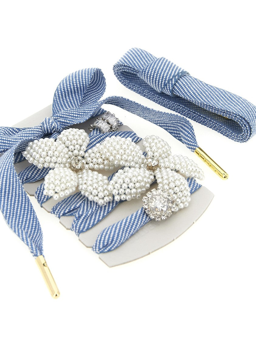 Golden Goose Two-Tone Blue Cotton Shoelaces With Embroidered Charms And Rhinestones