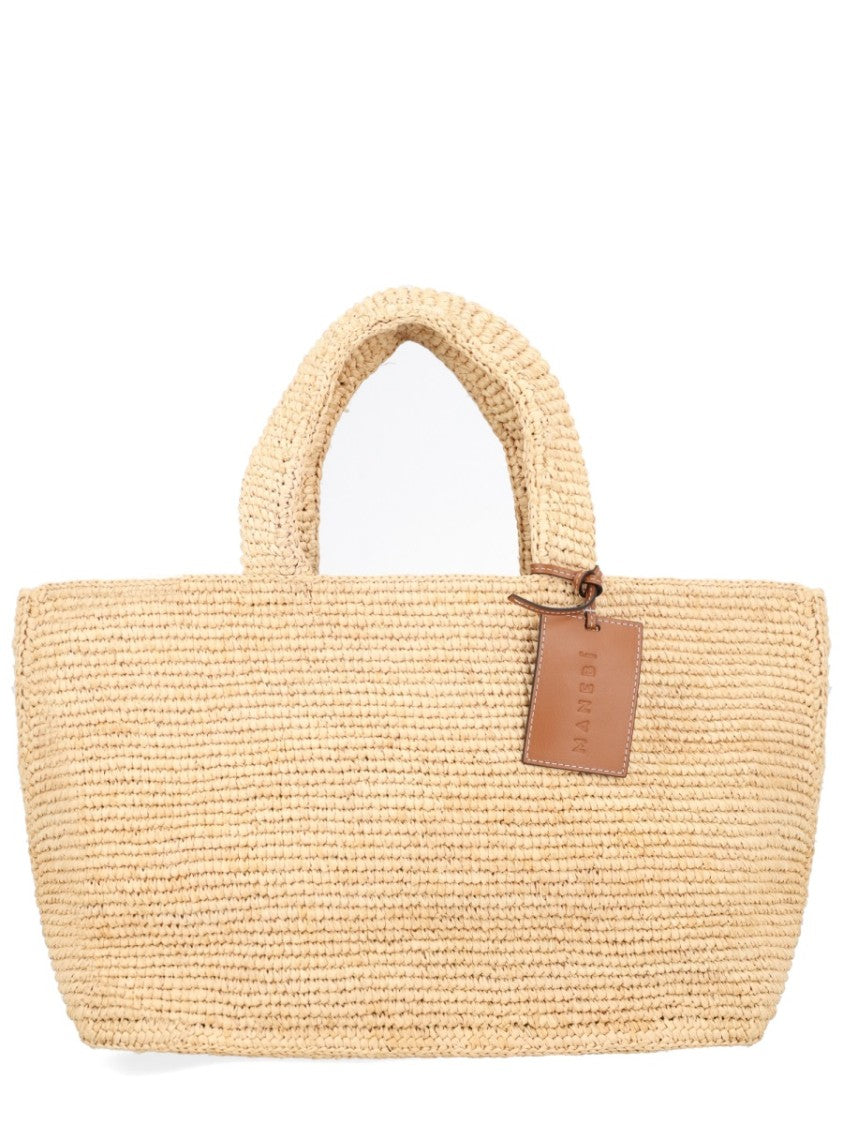Manebi Sunset Woven Raffia Leather Tag Tote Bag