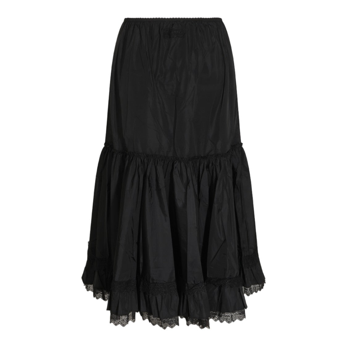 Ganni Gathered Waistband Skirt With Ruffled Hem And Lace Trim