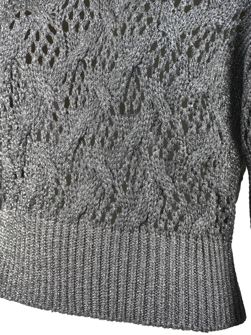 Max Mara Cropped Grey Open-Knit Sweater With Metallic Finish