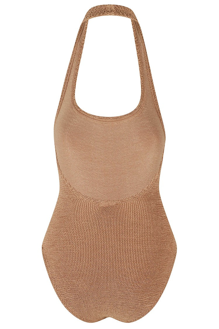 Hunza G Brown Sandy Round Neck Heat-Sealed Seams Polyamide Swimsuit
