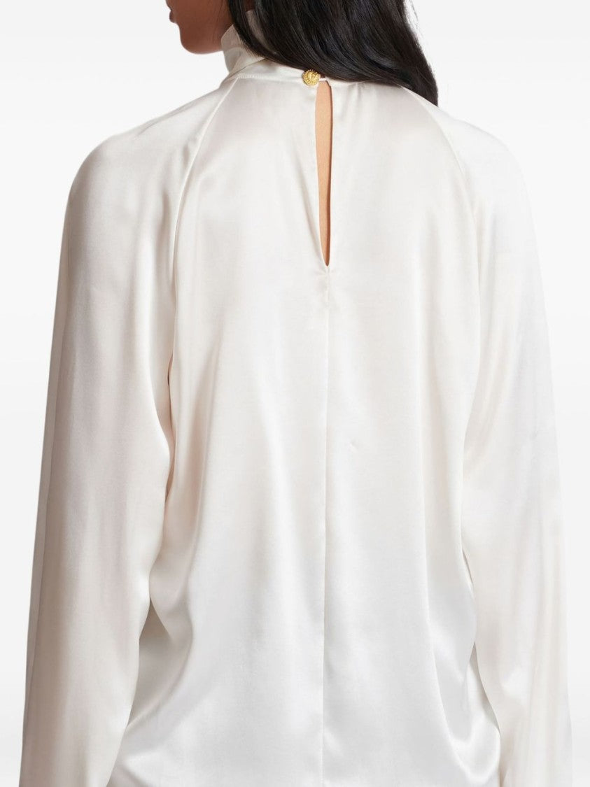 Balmain High-Neck White Top With Gathered Draped Front