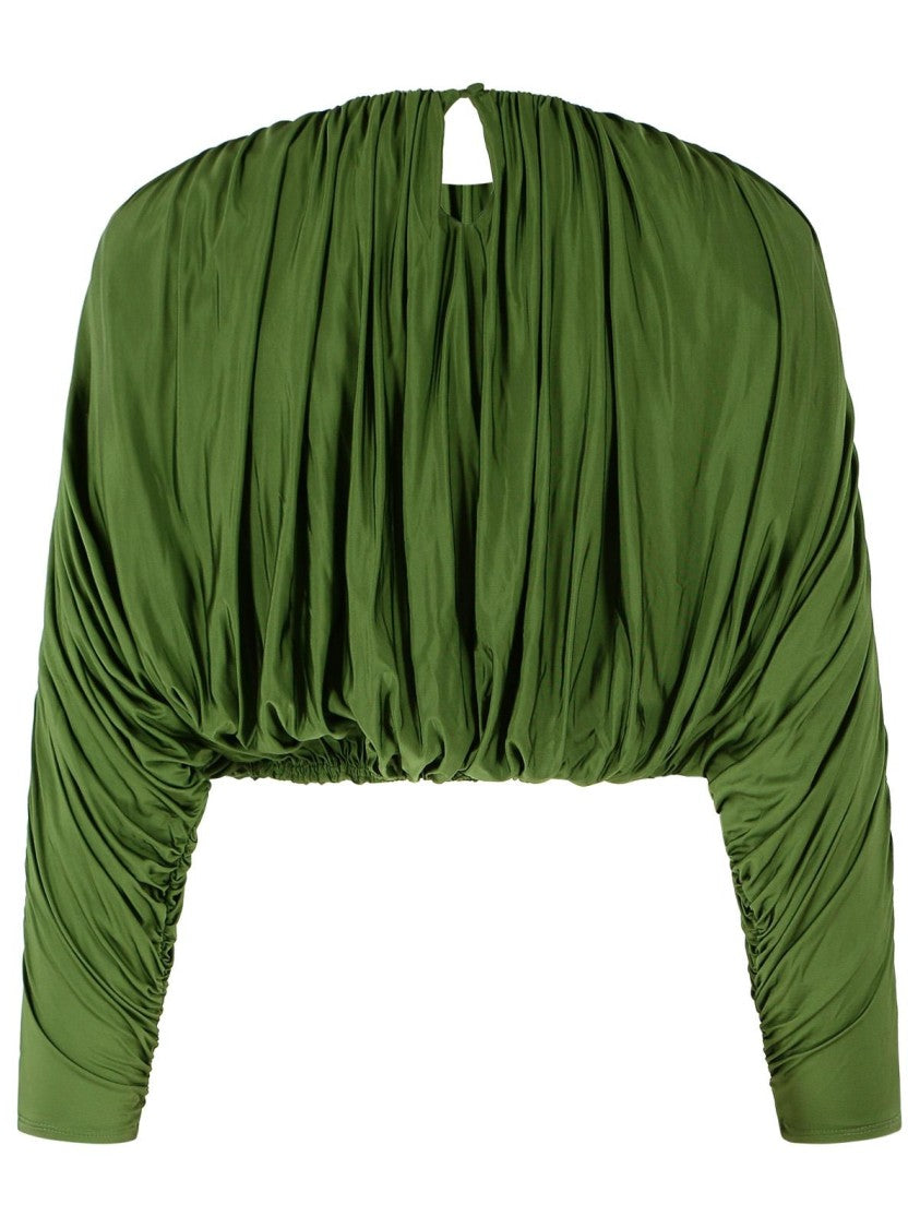 Self-Portrait Olive Ruched Viscose-Blend Cropped Top