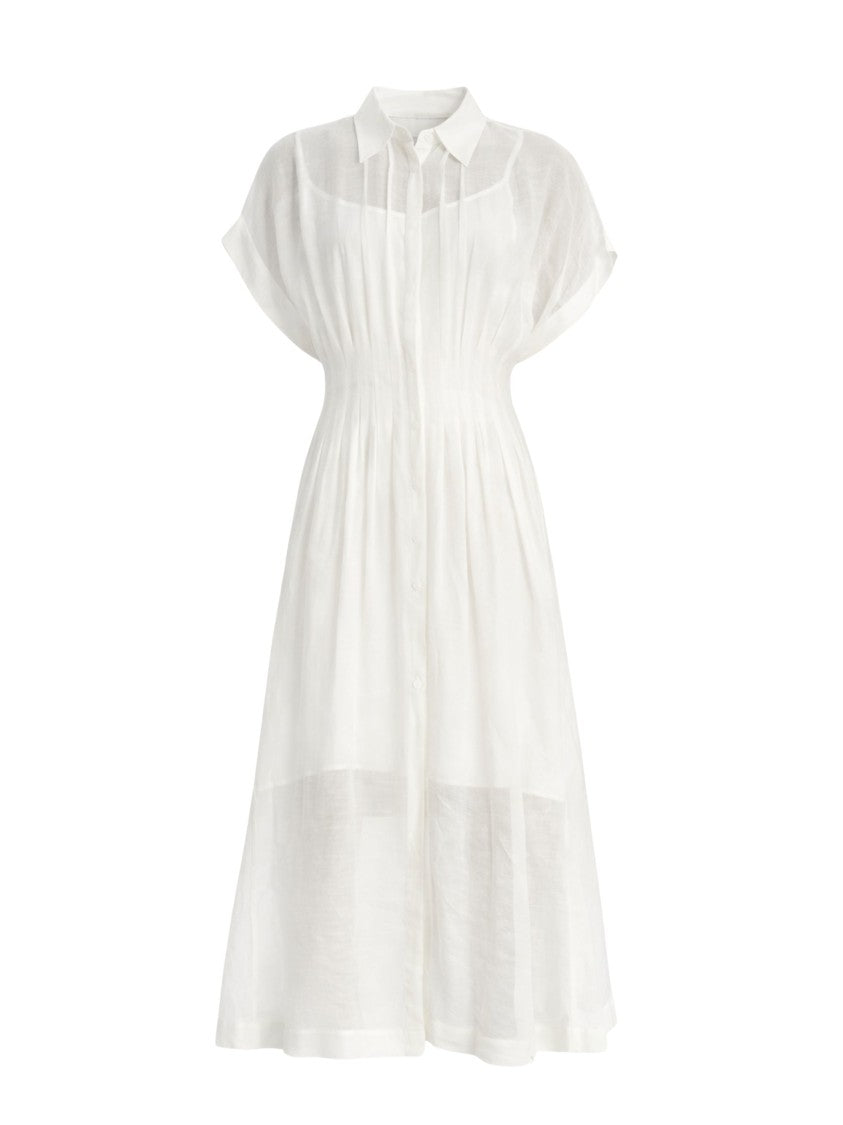 Boss White Pleated Viscose-Linen Midi Dress