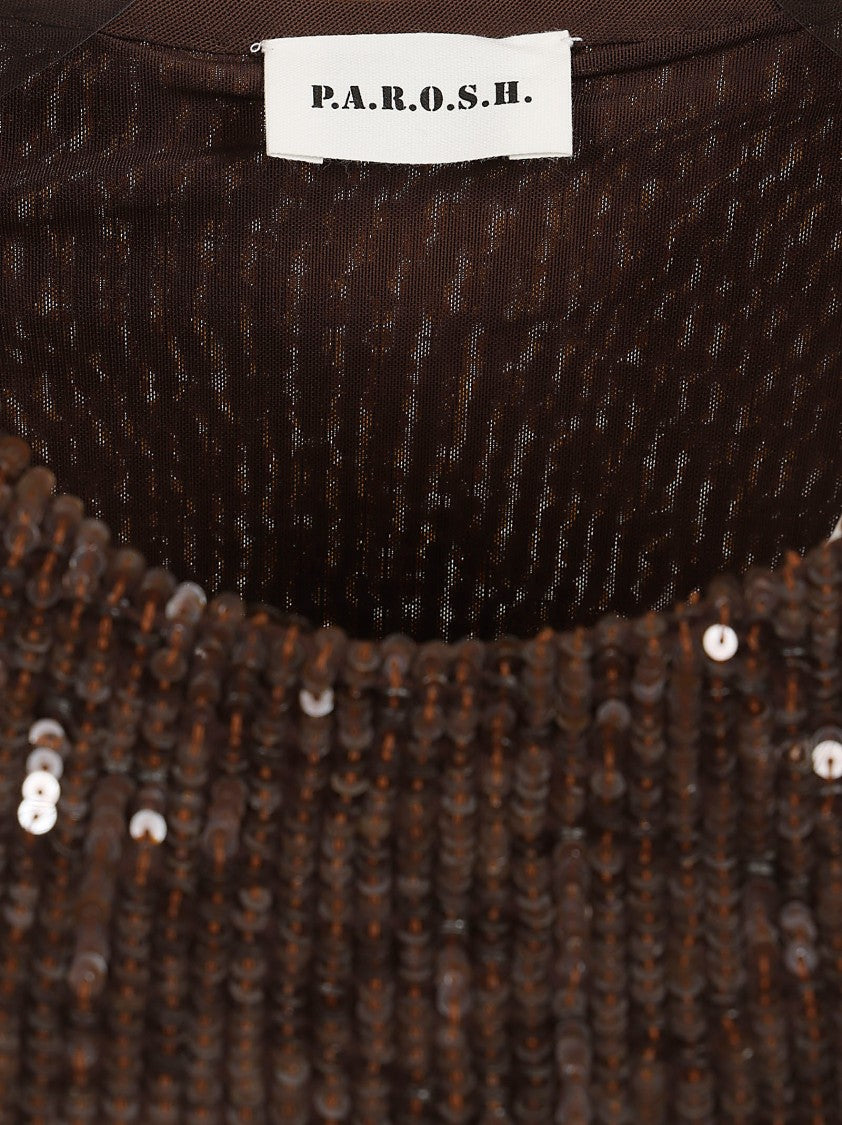 Parosh Sequined Sleeveless Top With Classic Crew Neck
