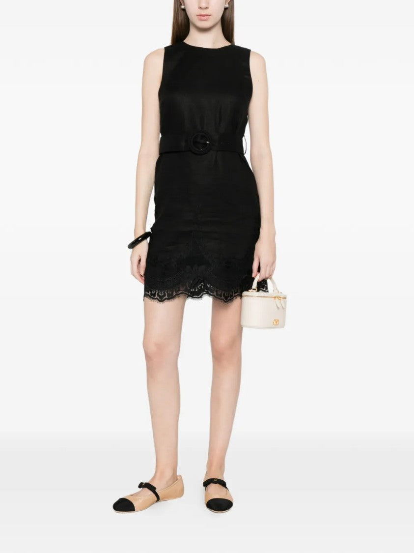 Twin-Set Linen Lace Hem Removable Belt Mini Dress