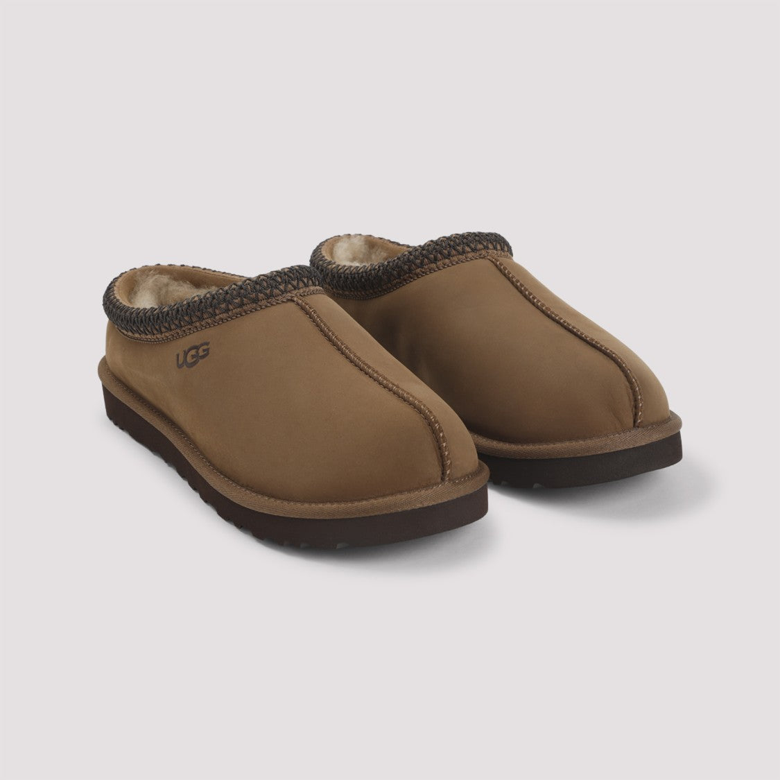 Ugg Brown Leather Slippers With Textured Trim And Easy Slip-On Design