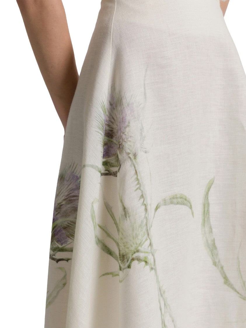 Alberta Ferretti Off-White Botanical Print Linen Midi Skirt