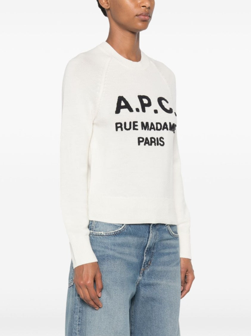 A.P.C. White Cropped Virgin Wool Textured Logo Sweater