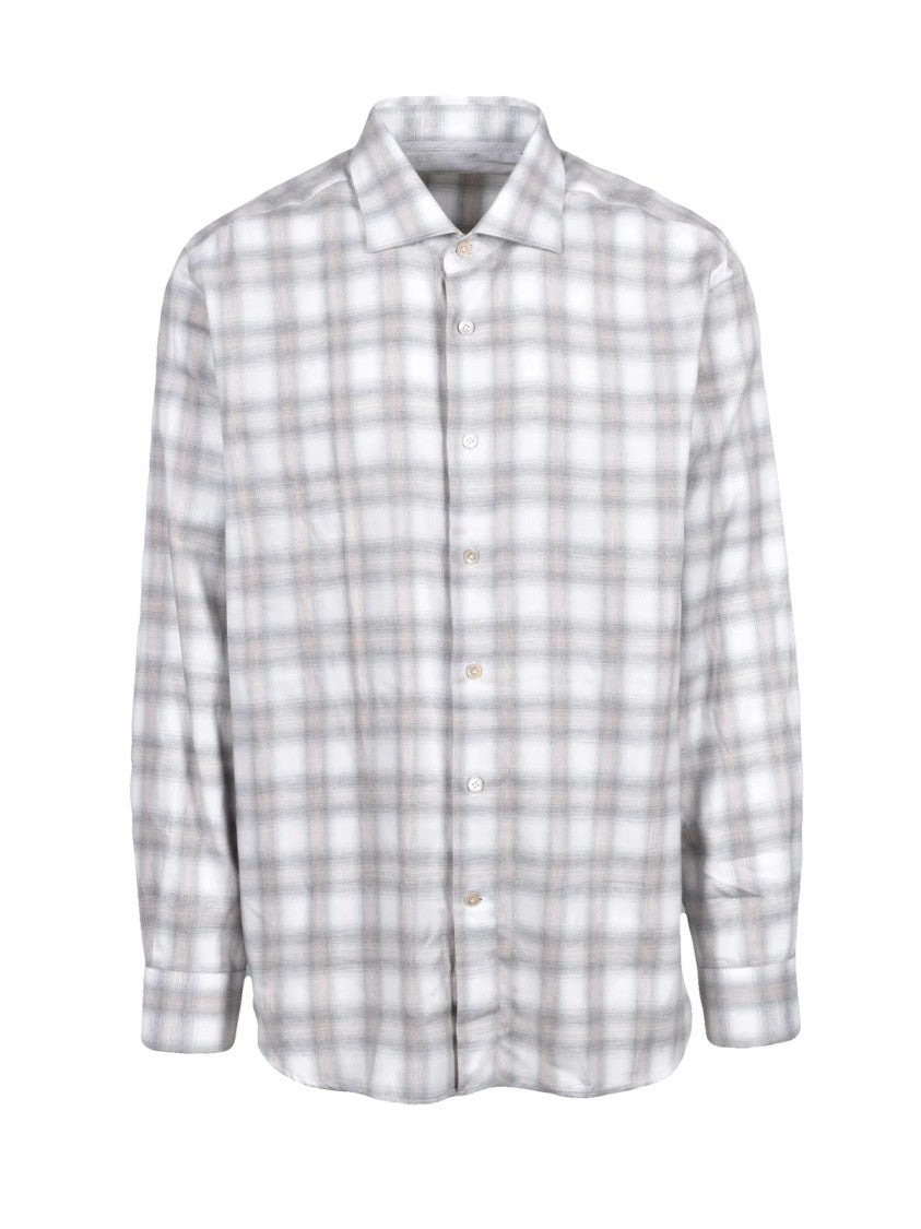 Eleventy Grey/Beige Plaid Cotton-Blend Flannel Shirt