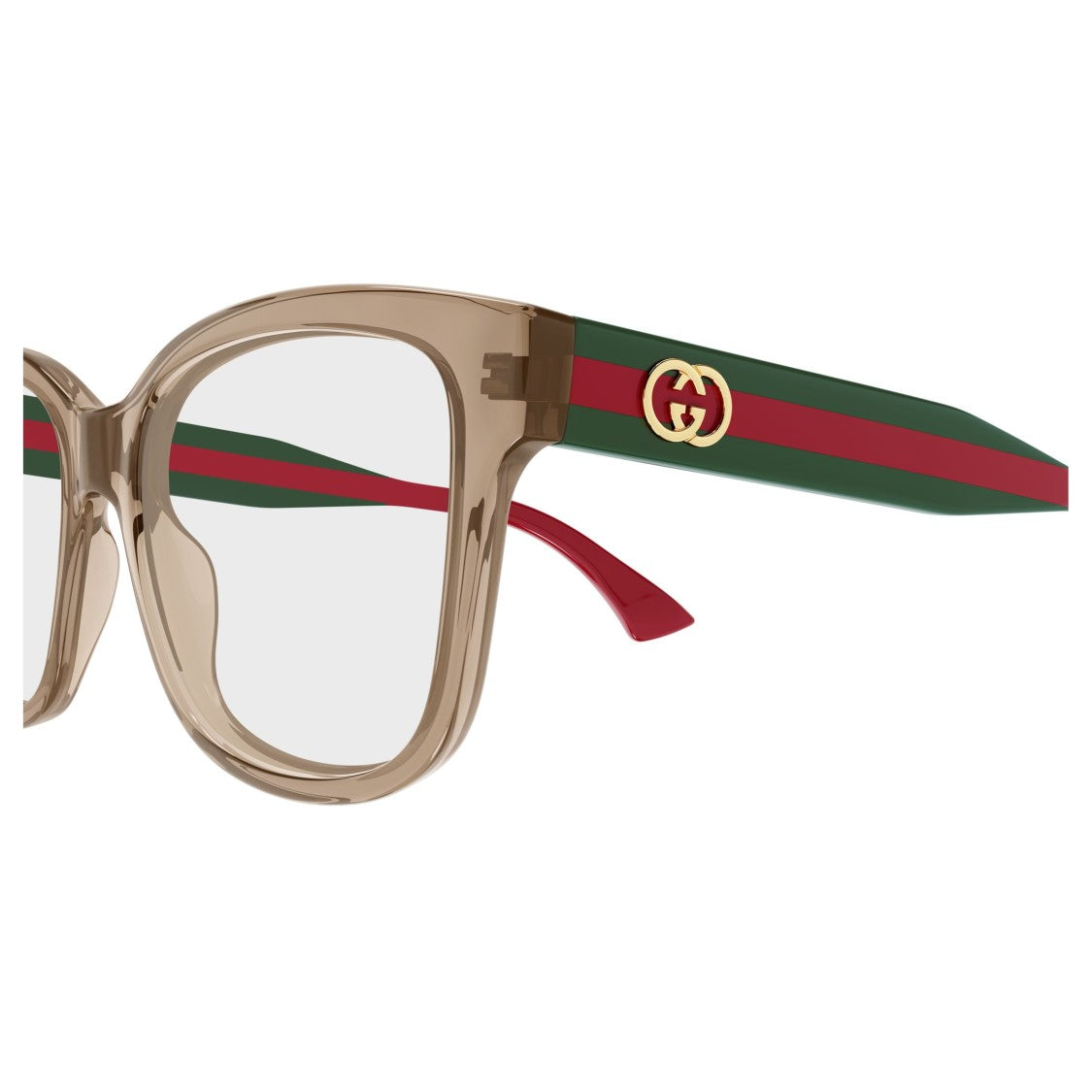 Gucci Translucent Light Brown Square Eyeglasses With Striped Temples
