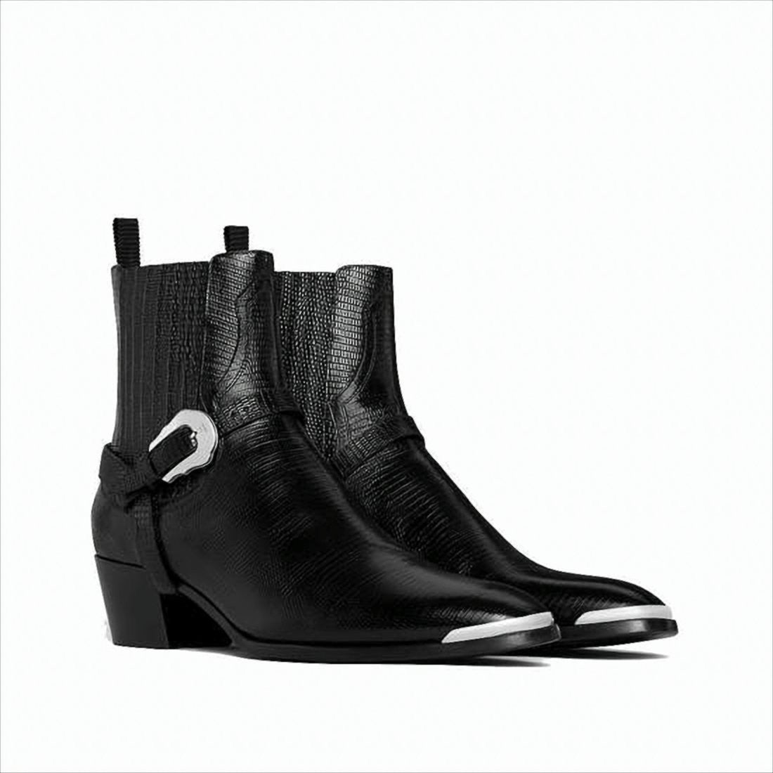 Celine Pointed Toe Black Calf Leather Ankle Boots With Silver Accent