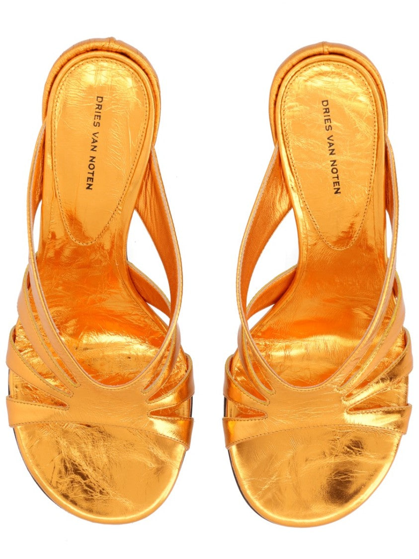 Dries Van Noten Neutrals Metallic Cross Straps Block Heel Sandals