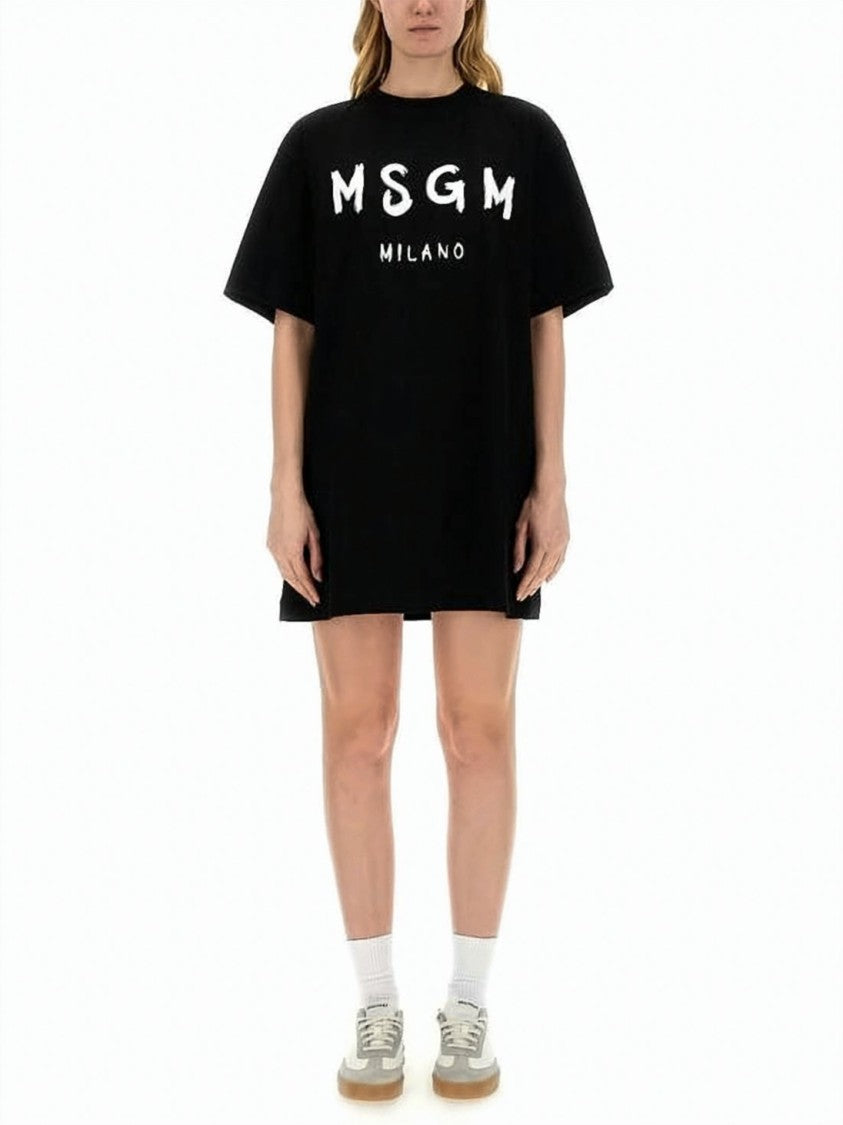 Msgm Oversized Black Mini Dress With Brushstroke Lettering