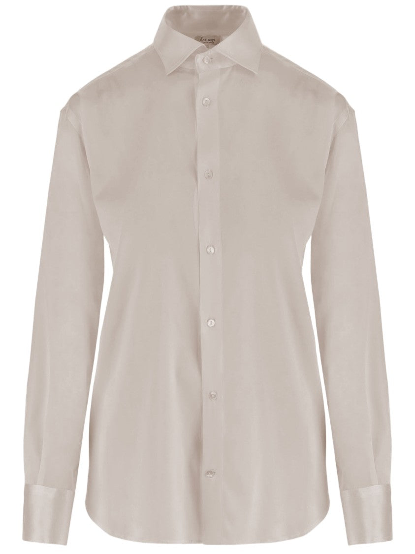 Her Shirt Beige Classic Collar Curved Hem Stretch Silk Shirt