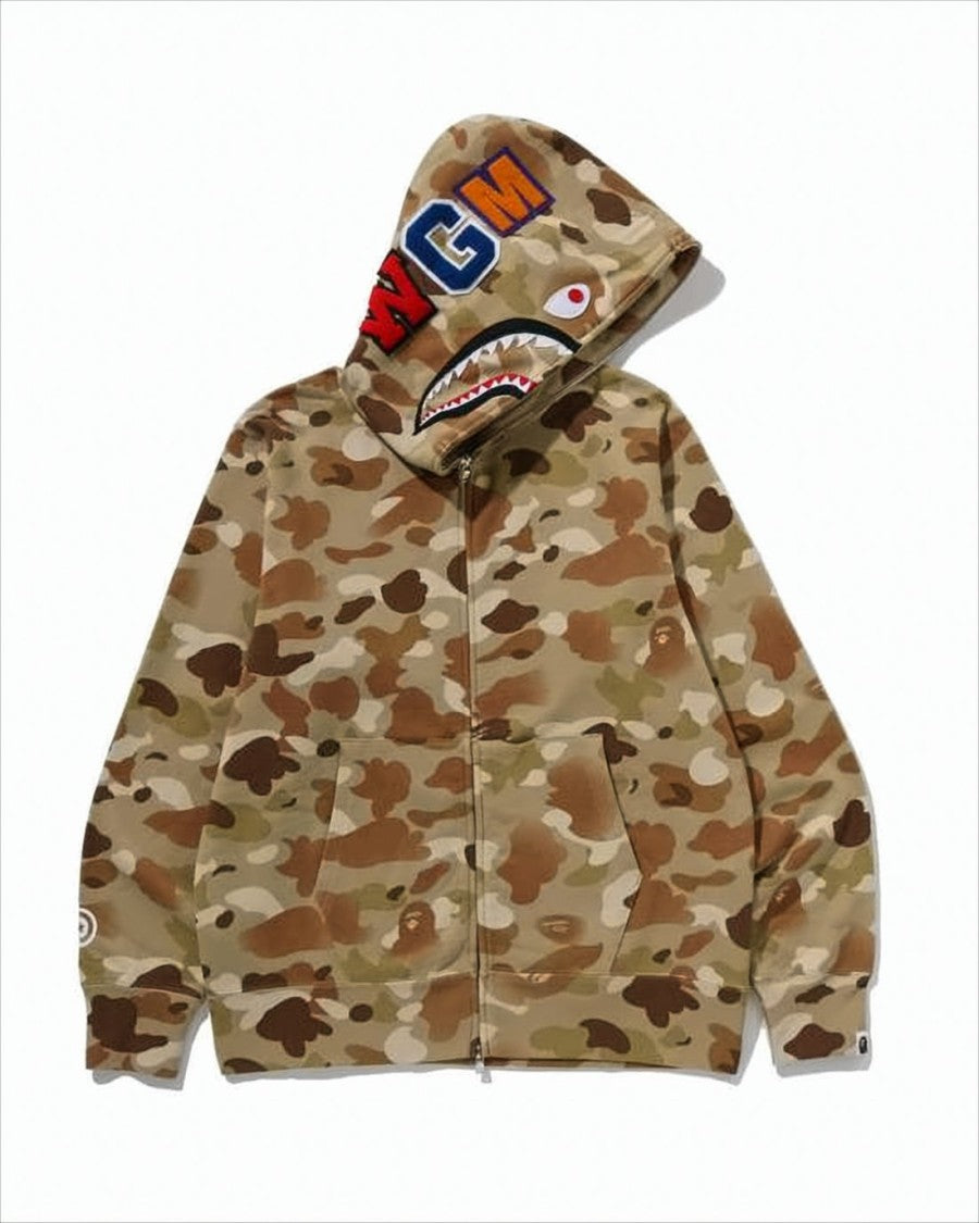 Bape Camouflage Zip-Up Hoodie With Vibrant Shark Embroidery